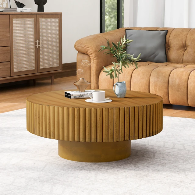 Alt view image 3 of 7 - 31.5 Inch Round Wood Coffee Table, Fluted Drum Tea Table Retro Circle Center for Living, Natural, Pine