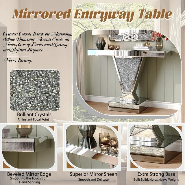 Alt view image 7 of 7 - Crushed Diamond Mirrored Console Table, Reflective Glass Entryway Sofa Table Shaped Crystal Inlay Rectangular Accent