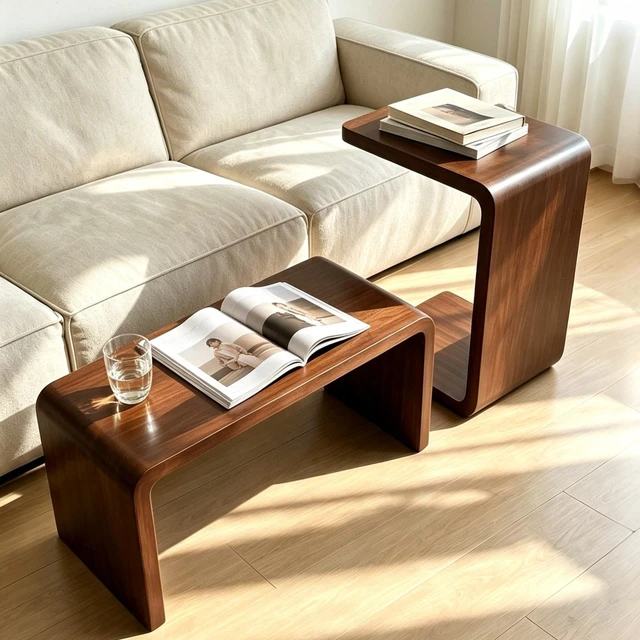 Alt view image 2 of 7 - 13.77 Inch Shaped Coffee Table, Convertible Side End Table Snack Laptop for Living Walnut Finish, Walnut, Rubber Wood
