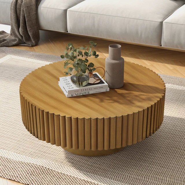 Alt view image 4 of 7 - 31.5 Inch Round Wood Coffee Table, Fluted Drum Tea Table Retro Circle Center for Living, Natural, Pine