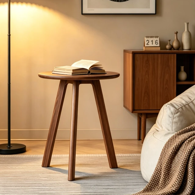 Alt view image 5 of 7 - Round Side Table, Leg Solid End Table Small Accent for Living Compact Round Nightstand for Small Spaces, Walnut, Rubber