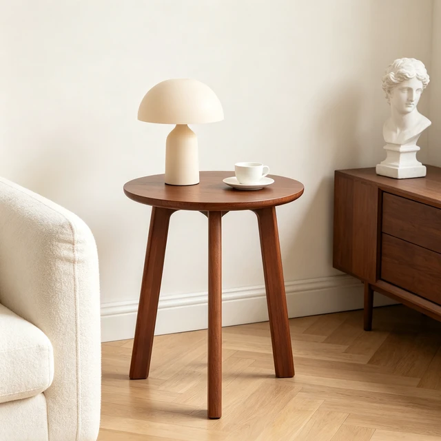Alt view image 4 of 7 - Round Side Table, Leg Solid End Table Small Accent for Living Compact Round Nightstand for Small Spaces, Walnut, Rubber