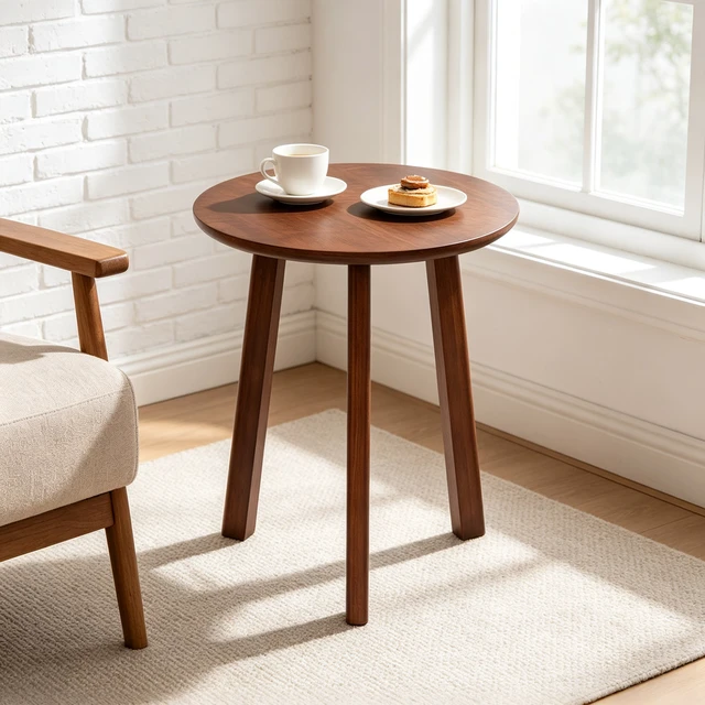 Alt view image 3 of 7 - Round Side Table, Leg Solid End Table Small Accent for Living Compact Round Nightstand for Small Spaces, Walnut, Rubber