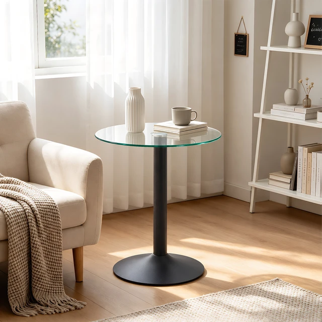 Alt view image 2 of 7 - Round Glass Side Table, 19.68 Inch Tempered Glass End Table with Black Metal Pedestal Base Small Accent for Living