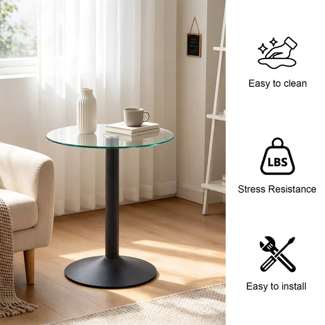 Alt view image 3 of 7 - Round Glass Side Table, 19.68 Inch Tempered Glass End Table with Black Metal Pedestal Base Small Accent for Living