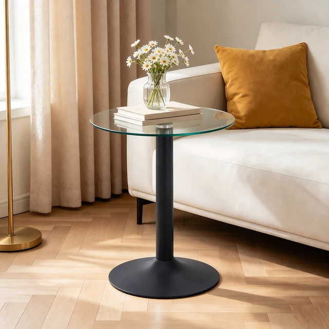 Alt view image 5 of 7 - Round Glass Side Table, 19.68 Inch Tempered Glass End Table with Black Metal Pedestal Base Small Accent for Living