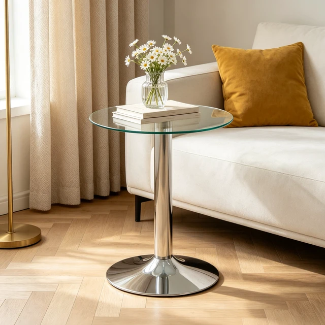Alt view image 2 of 7 - Round Glass Side Table, 19.68 Inch Tempered Glass End Table with Pedestal Base Small Accent for Living Small Spaces