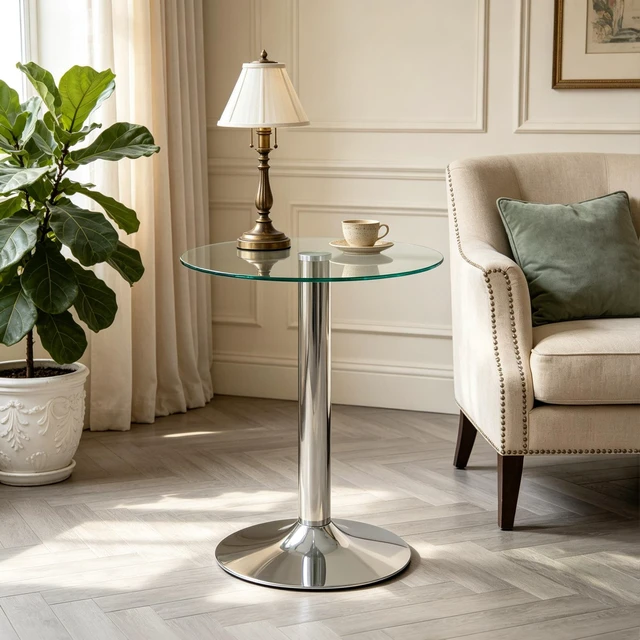 Main image of Round Glass Side Table, 19.68 Inch Tempered Glass End Table with Pedestal Base Small Accent for Living Small Spaces