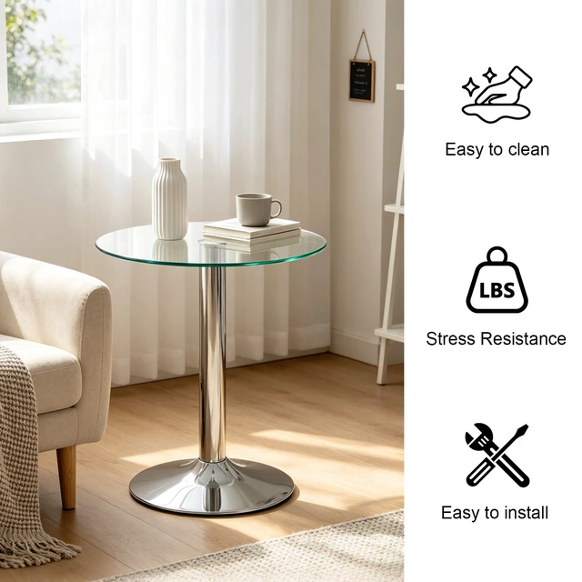 Alt view image 3 of 7 - Round Glass Side Table, 19.68 Inch Tempered Glass End Table with Pedestal Base Small Accent for Living Small Spaces