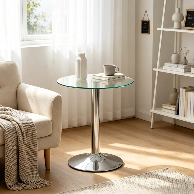 Alt view image 5 of 7 - Round Glass Side Table, 19.68 Inch Tempered Glass End Table with Pedestal Base Small Accent for Living Small Spaces