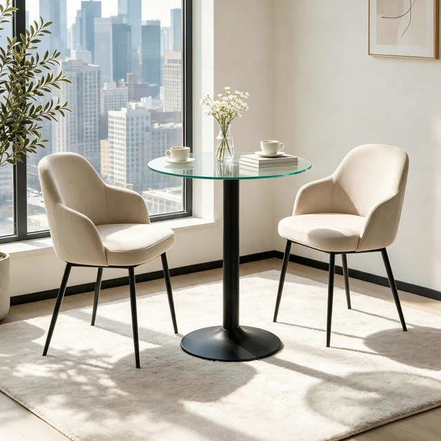 Alt view image 2 of 7 - Round Glass Side Table, 23.62 Inch Tempered Glass End Table with Black Metal Pedestal Base Small Accent for Living