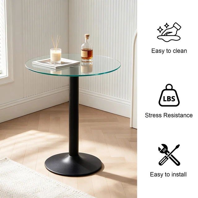 Alt view image 3 of 7 - Round Glass Side Table, 23.62 Inch Tempered Glass End Table with Black Metal Pedestal Base Small Accent for Living