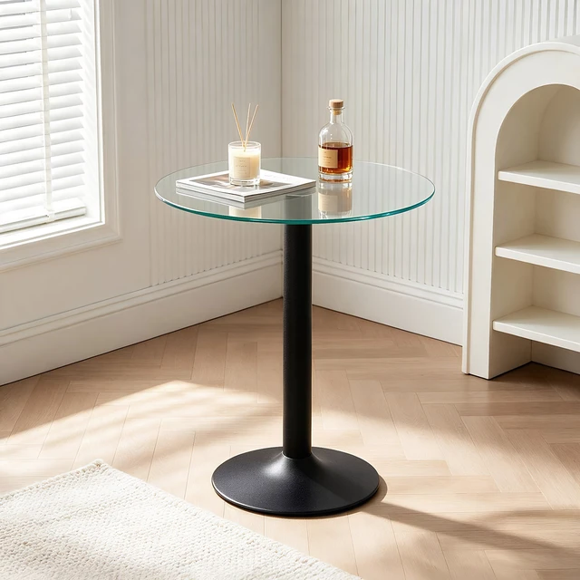 Alt view image 5 of 7 - Round Glass Side Table, 23.62 Inch Tempered Glass End Table with Black Metal Pedestal Base Small Accent for Living