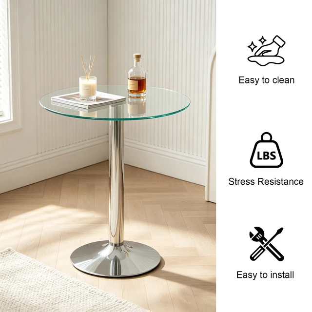 Alt view image 3 of 7 - Round Glass Side Table, 23.62 Inch Tempered Glass End Table with Pedestal Base Small Accent for Living Small Spaces