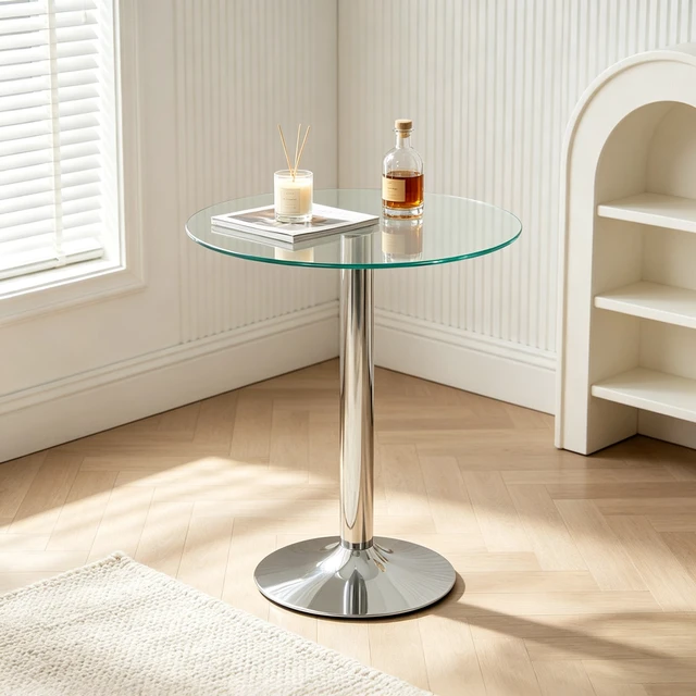 Alt view image 5 of 7 - Round Glass Side Table, 23.62 Inch Tempered Glass End Table with Pedestal Base Small Accent for Living Small Spaces