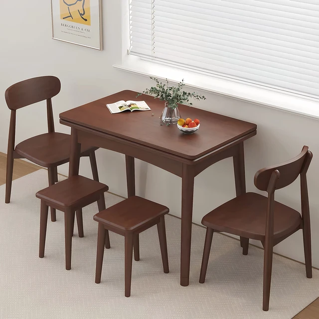 Alt view image 2 of 7 - Foldable Extendable Dining Table, Solid Rubber Kitchen Table with Drop Leaf Mid-Century Rectangular Expandable Dinner