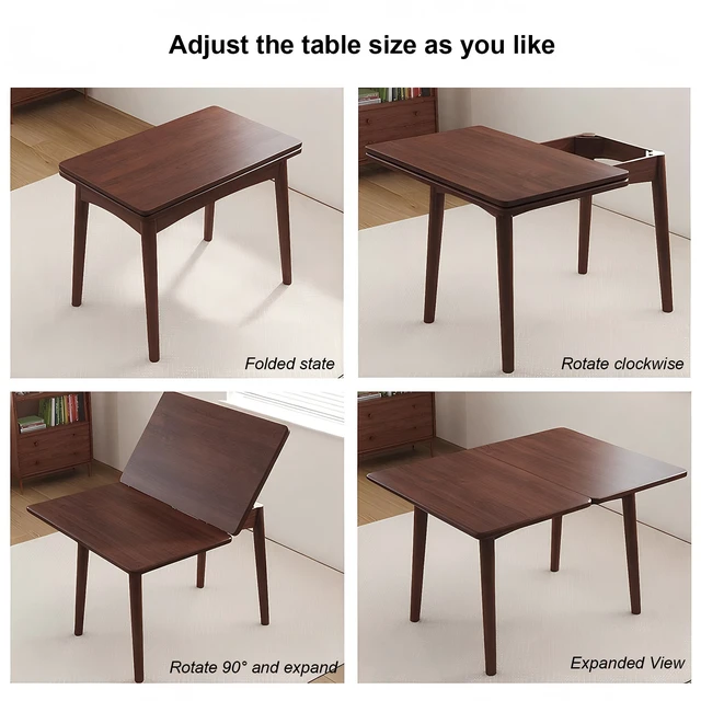Alt view image 3 of 7 - Foldable Extendable Dining Table, Solid Rubber Kitchen Table with Drop Leaf Mid-Century Rectangular Expandable Dinner