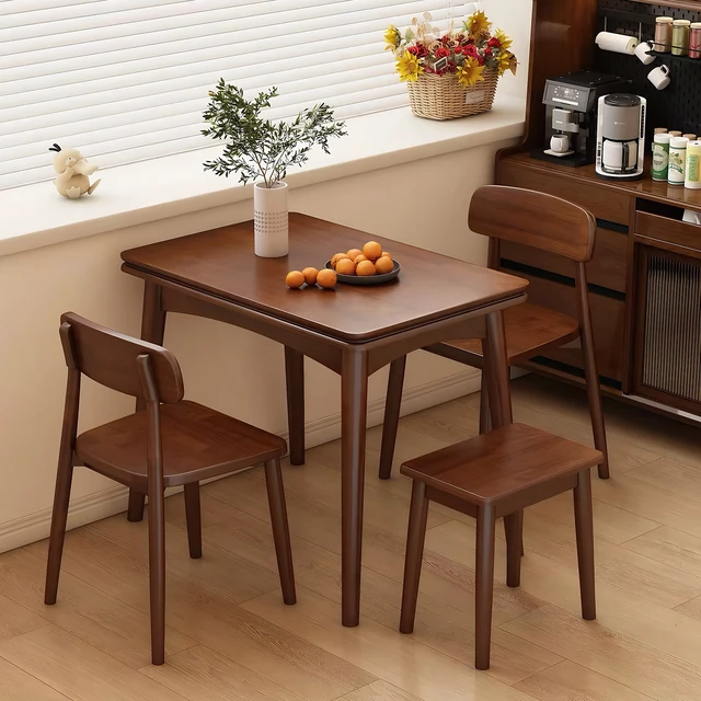 Alt view image 6 of 7 - Foldable Extendable Dining Table, Solid Rubber Kitchen Table with Drop Leaf Mid-Century Rectangular Expandable Dinner