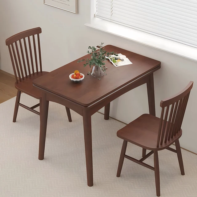 Alt view image 7 of 7 - Foldable Extendable Dining Table, Solid Rubber Kitchen Table with Drop Leaf Mid-Century Rectangular Expandable Dinner