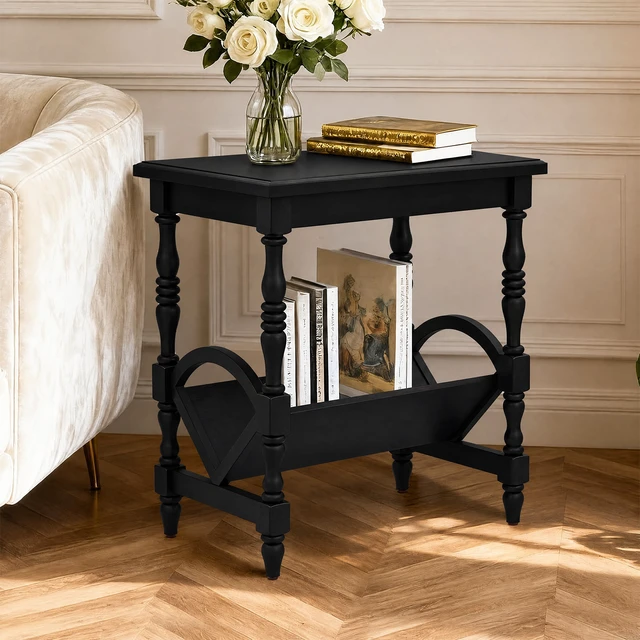 Alt view image 2 of 7 - Wooden Side Table with Magazine Rack, Rubberwood Legs and Veneer Finish and Purpose Accent Furniture, Black, MDF