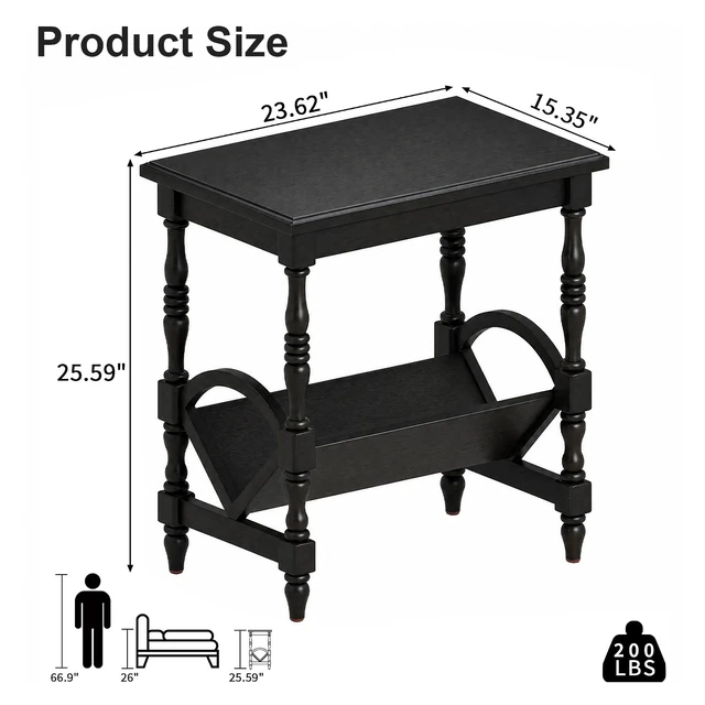 Alt view image 4 of 7 - Wooden Side Table with Magazine Rack, Rubberwood Legs and Veneer Finish and Purpose Accent Furniture, Black, MDF