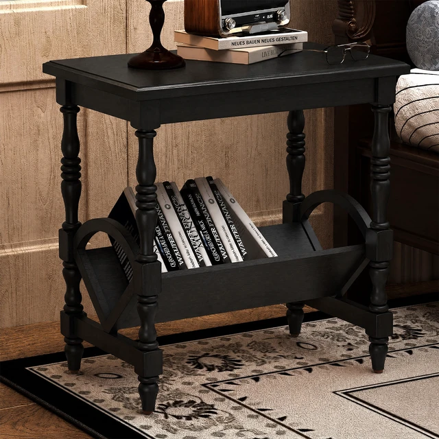 Alt view image 3 of 7 - Wooden Side Table with Magazine Rack, Rubberwood Legs and Veneer Finish and Purpose Accent Furniture, Black, MDF