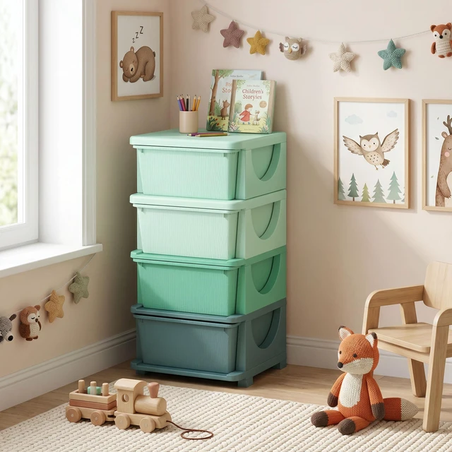 Alt view image 2 of 7 - 4 Drawers Kids Storage Unit, 4 Tier Stackable Toy Organizers and Storage Chest for Playroom Living Boys Girls Toddlers