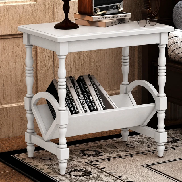 Alt view image 2 of 7 - Wooden Side Table with Magazine Rack, Rubberwood Legs and Veneer Finish and Purpose Accent Furniture, Ancient White