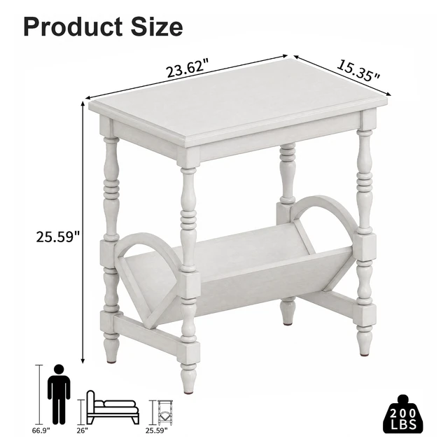 Alt view image 4 of 7 - Wooden Side Table with Magazine Rack, Rubberwood Legs and Veneer Finish and Purpose Accent Furniture, Ancient White
