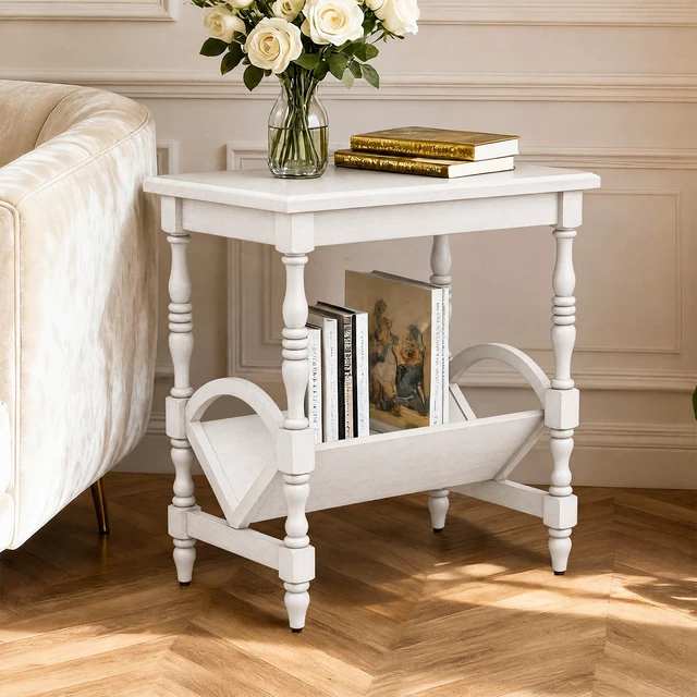 Alt view image 3 of 7 - Wooden Side Table with Magazine Rack, Rubberwood Legs and Veneer Finish and Purpose Accent Furniture, Ancient White