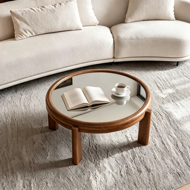 Main image of 33.46 Inch Round Coffee Table with Mirrored Top, Solid Wood Frame and Cylindrical Legs Mid-Century Retro Honey Cocktail