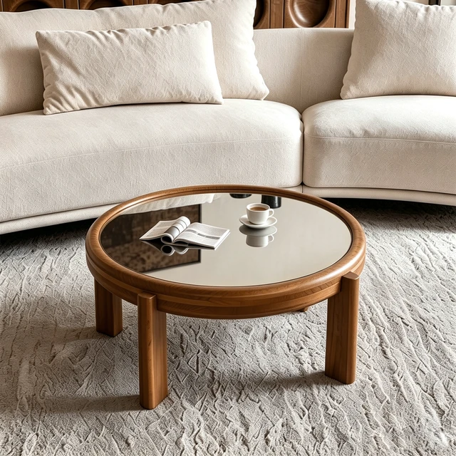 Alt view image 4 of 7 - 33.46 Inch Round Coffee Table with Mirrored Top, Solid Wood Frame and Cylindrical Legs Mid-Century Retro Honey Cocktail