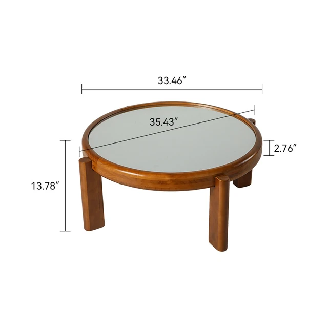 Alt view image 7 of 7 - 33.46 Inch Round Coffee Table with Mirrored Top, Solid Wood Frame and Cylindrical Legs Mid-Century Retro Honey Cocktail