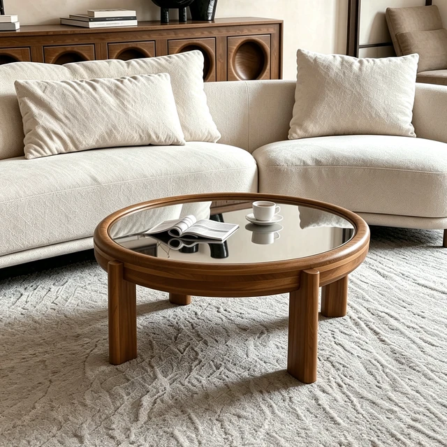 Alt view image 2 of 7 - 33.46 Inch Round Coffee Table with Mirrored Top, Solid Wood Frame and Cylindrical Legs Mid-Century Retro Honey Cocktail