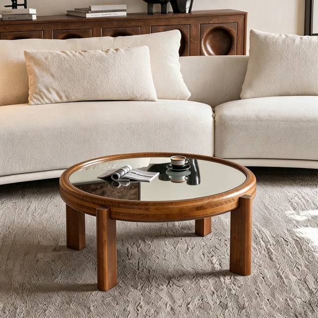 Alt view image 3 of 7 - 33.46 Inch Round Coffee Table with Mirrored Top, Solid Wood Frame and Cylindrical Legs Mid-Century Retro Honey Cocktail