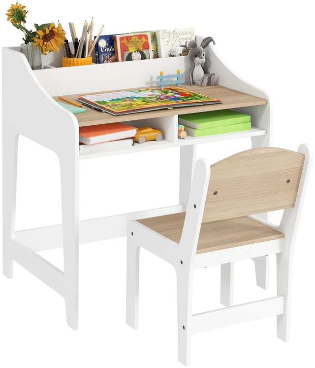 Main image of Kids Desk and Chair Set, Study Desk for Children with Storage and Shelves Wooden Children Writing Table, Natural Wood