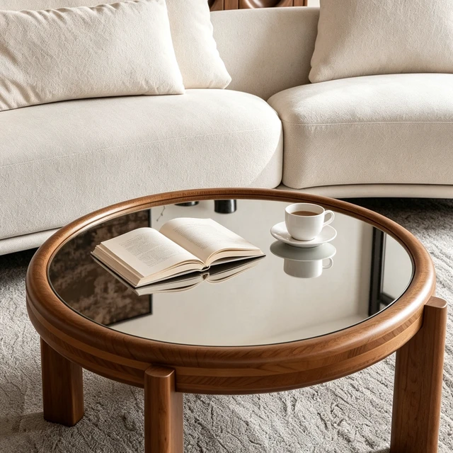 Alt view image 6 of 7 - 33.46 Inch Round Coffee Table with Mirrored Top, Solid Wood Frame and Cylindrical Legs Mid-Century Retro Honey Cocktail