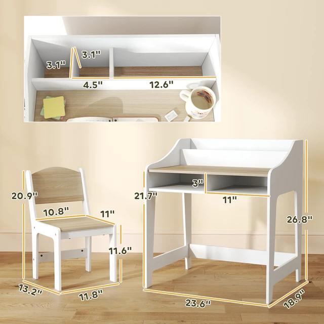 Alt view image 2 of 7 - Kids Desk and Chair Set, Study Desk for Children with Storage and Shelves Wooden Children Writing Table, Natural Wood