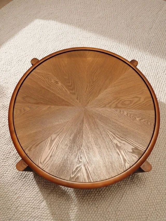 Alt view image 2 of 6 - 33.46 Inch Round Coffee Table with Sunburst Wood Grain Top, Solid Tray Frame and Cylindrical Legs Mid-Century Retro