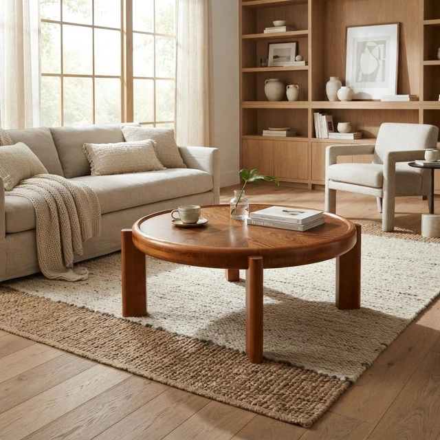Alt view image 3 of 6 - 33.46 Inch Round Coffee Table with Sunburst Wood Grain Top, Solid Tray Frame and Cylindrical Legs Mid-Century Retro