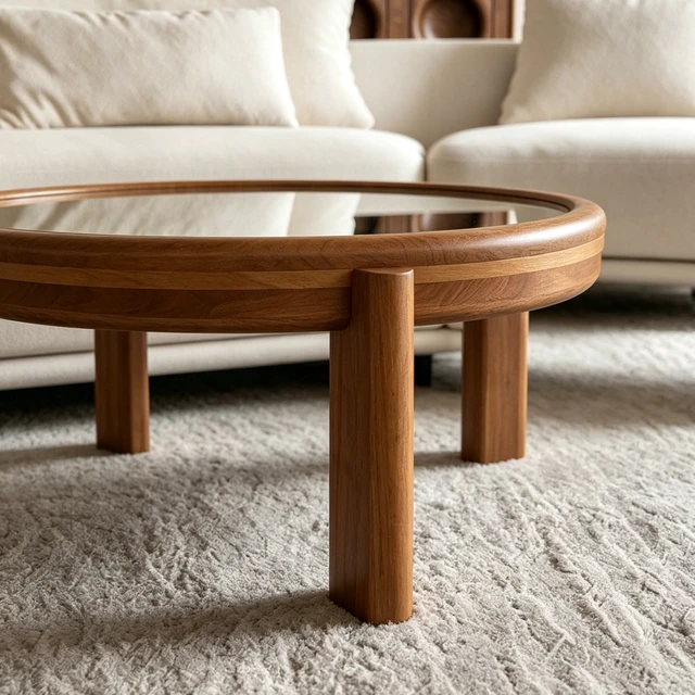 Alt view image 5 of 7 - 33.46 Inch Round Coffee Table with Mirrored Top, Solid Wood Frame and Cylindrical Legs Mid-Century Retro Honey Cocktail