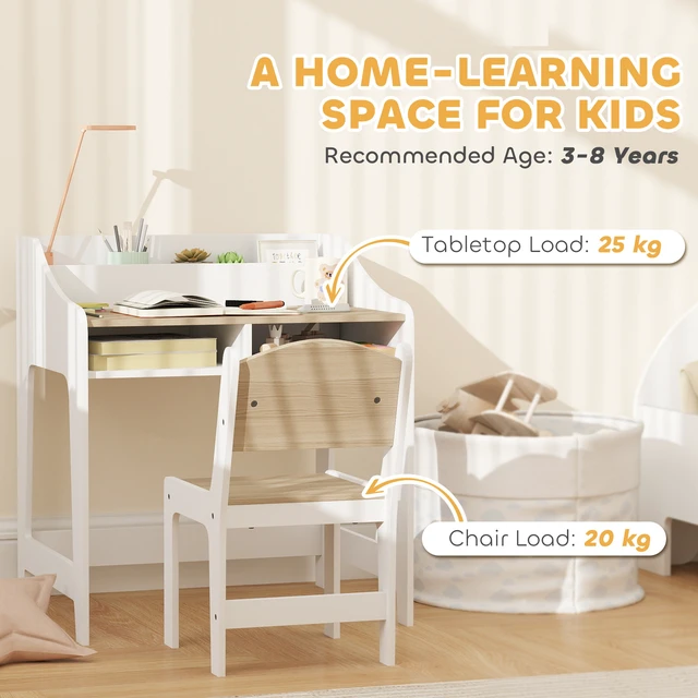 Alt view image 4 of 7 - Kids Desk and Chair Set, Study Desk for Children with Storage and Shelves Wooden Children Writing Table, Natural Wood