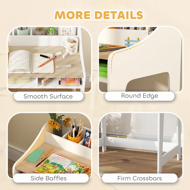Alt view image 5 of 7 - Kids Desk and Chair Set, Study Desk for Children with Storage and Shelves Wooden Children Writing Table, Natural Wood