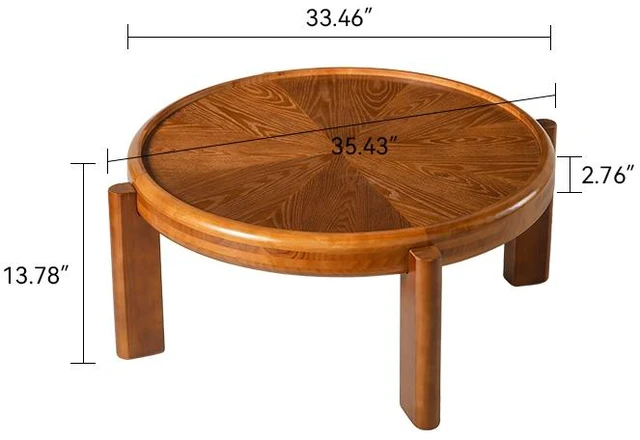 Alt view image 6 of 6 - 33.46 Inch Round Coffee Table with Sunburst Wood Grain Top, Solid Tray Frame and Cylindrical Legs Mid-Century Retro