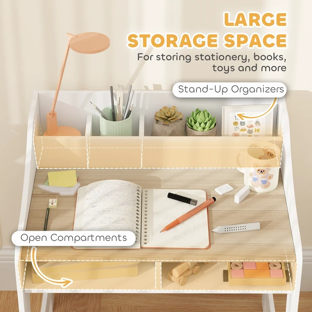 Alt view image 7 of 7 - Kids Desk and Chair Set, Study Desk for Children with Storage and Shelves Wooden Children Writing Table, Natural Wood