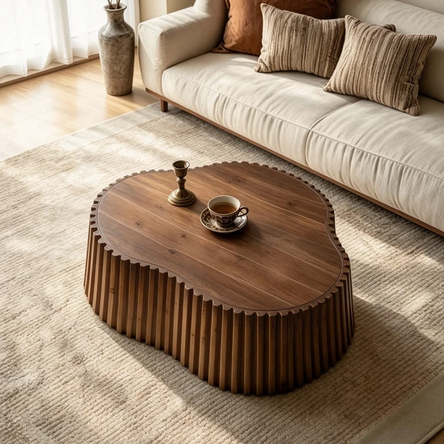 Main image of 31.5 Inch Scalloped Coffee Table, Fluted Wood Coffee Table with Veneer Top and Solid Slat Sides Organic Curved