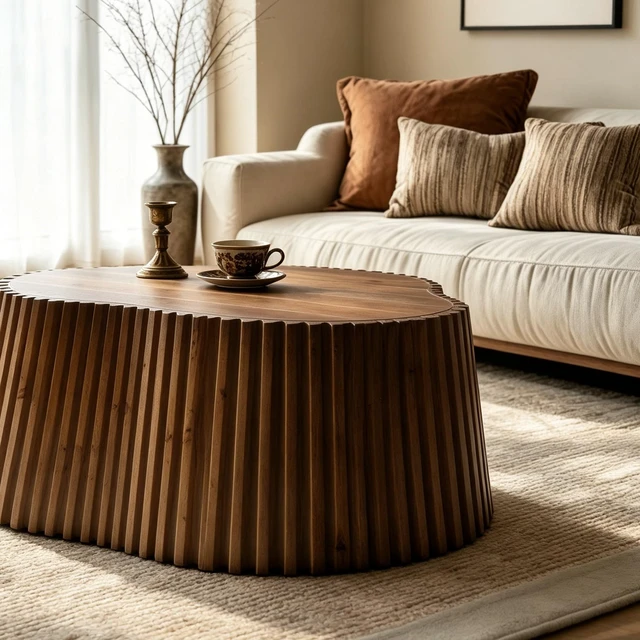 Alt view image 3 of 7 - 31.5 Inch Scalloped Coffee Table, Fluted Wood Coffee Table with Veneer Top and Solid Slat Sides Organic Curved
