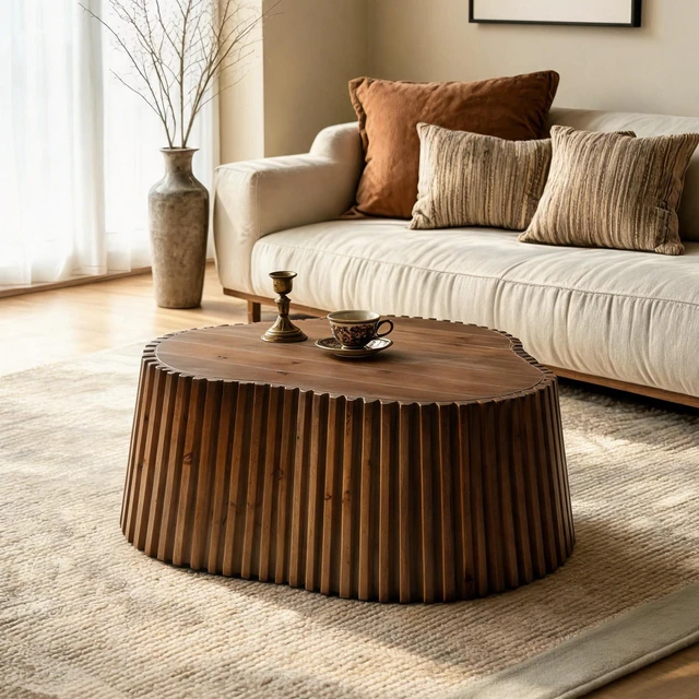 Alt view image 2 of 7 - 31.5 Inch Scalloped Coffee Table, Fluted Wood Coffee Table with Veneer Top and Solid Slat Sides Organic Curved