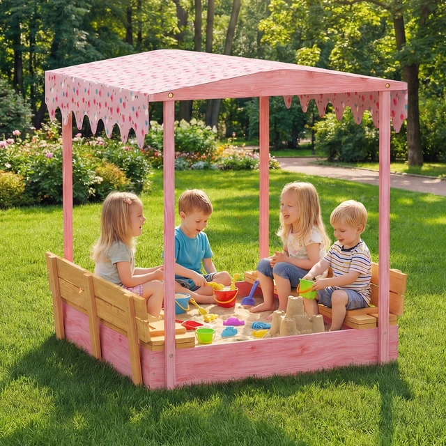 Alt view image 2 of 7 - Wooden Sandbox with Cover, Kids Sandbox Outdoor with Bench Seats Bottom Liner Canopy for Kids Ages 3 Flamingos Print