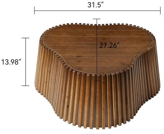 Alt view image 6 of 7 - 31.5 Inch Scalloped Coffee Table, Fluted Wood Coffee Table with Veneer Top and Solid Slat Sides Organic Curved